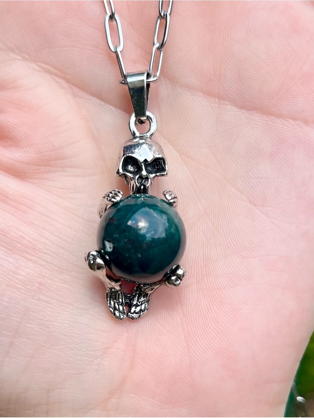 Skeleton Pendant Necklace with Green ocean jasper orb